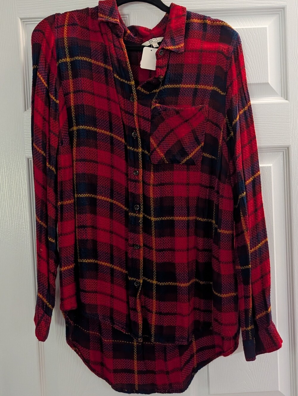 Papaya Weekend Women's Red Plaid Button-Up Flannel Shirt S-18 Long Sleeve #Z14